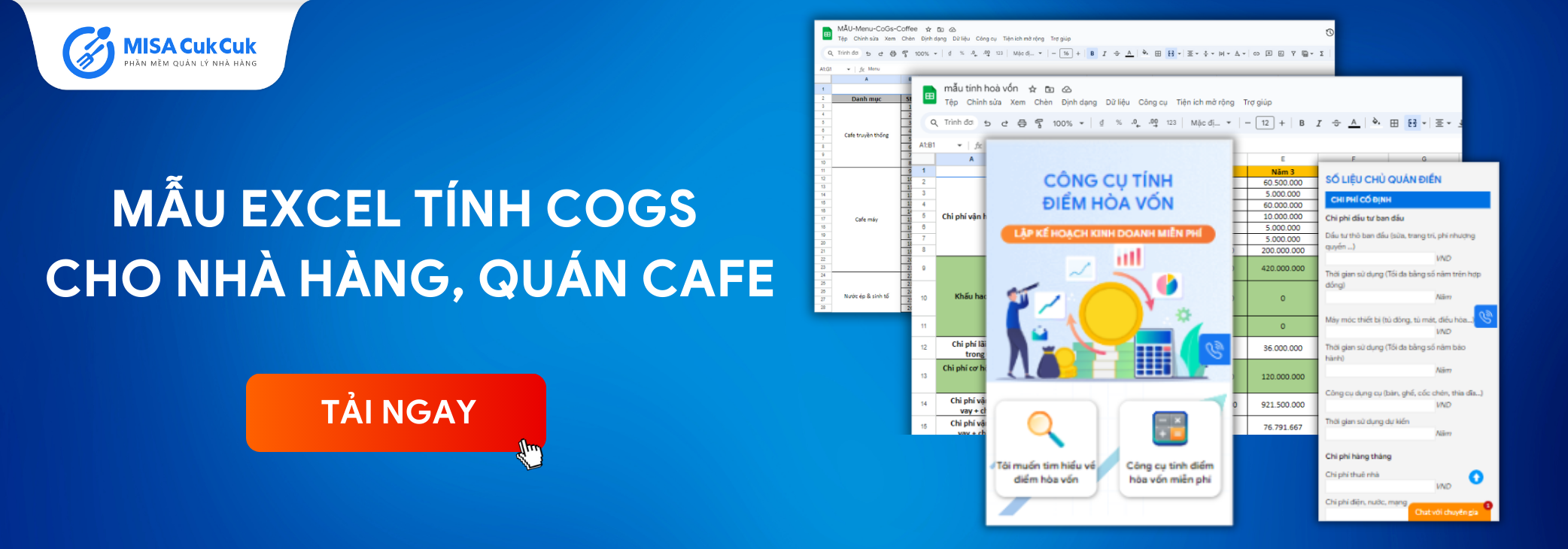 mẫu excel tính điểm hòa vốn, ngân sách, COGs cho nhà hàng, quán cafe