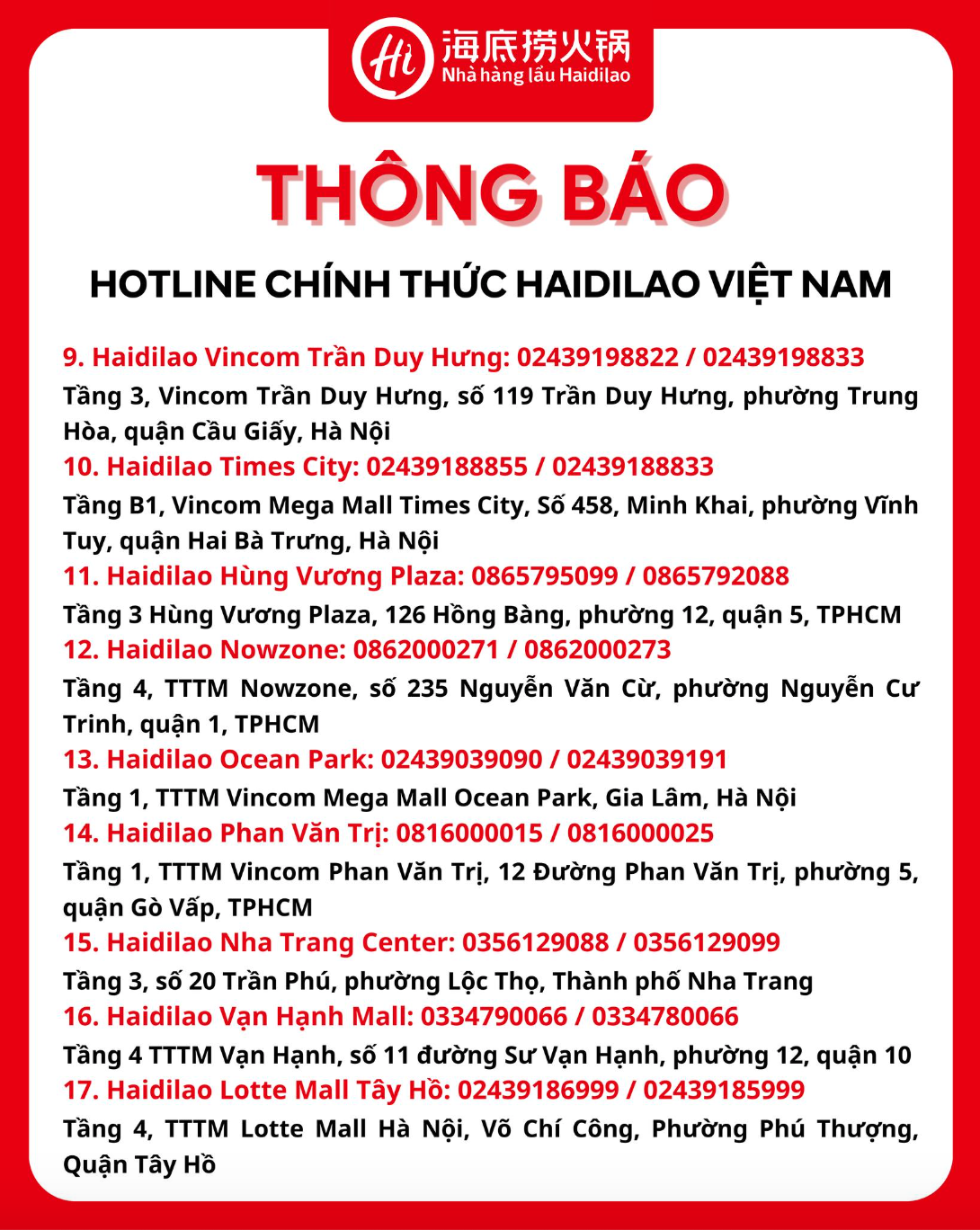Danh sách địa chỉ Haidilao Việt Nam