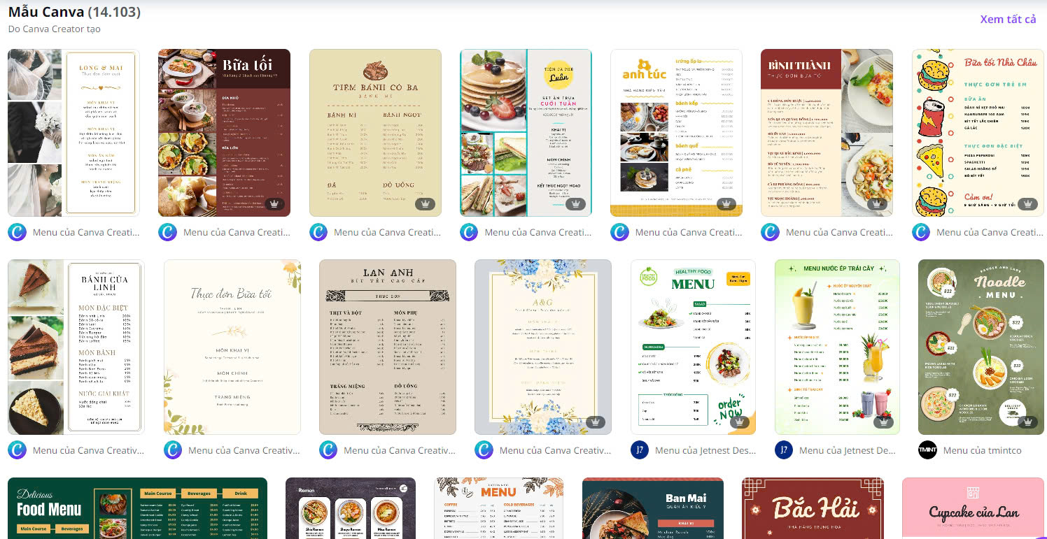 Canva cung cấp hàng trăm mẫu thực đơn sẵn có