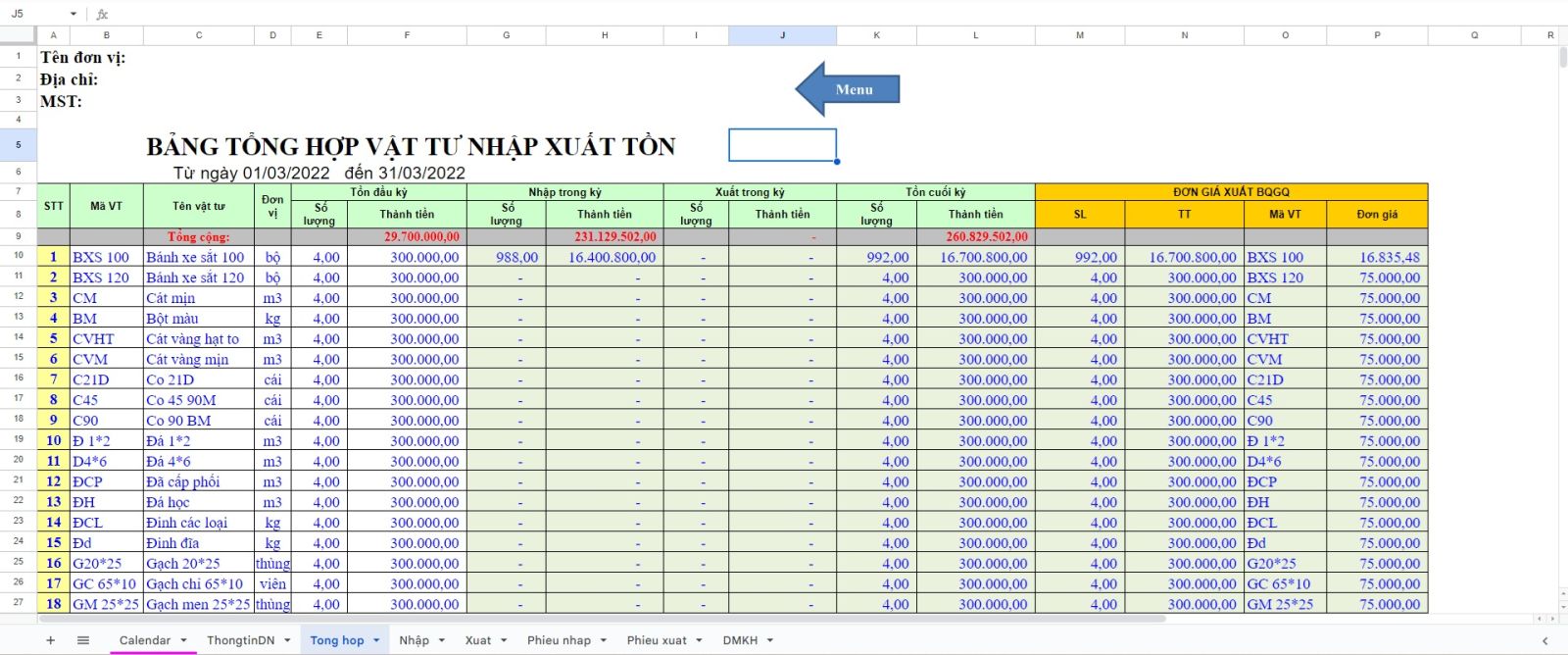 sử dụng File Excel xuất nhập tồn kho