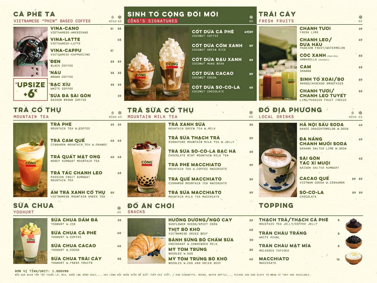 Menu của Cộng Cà Phê