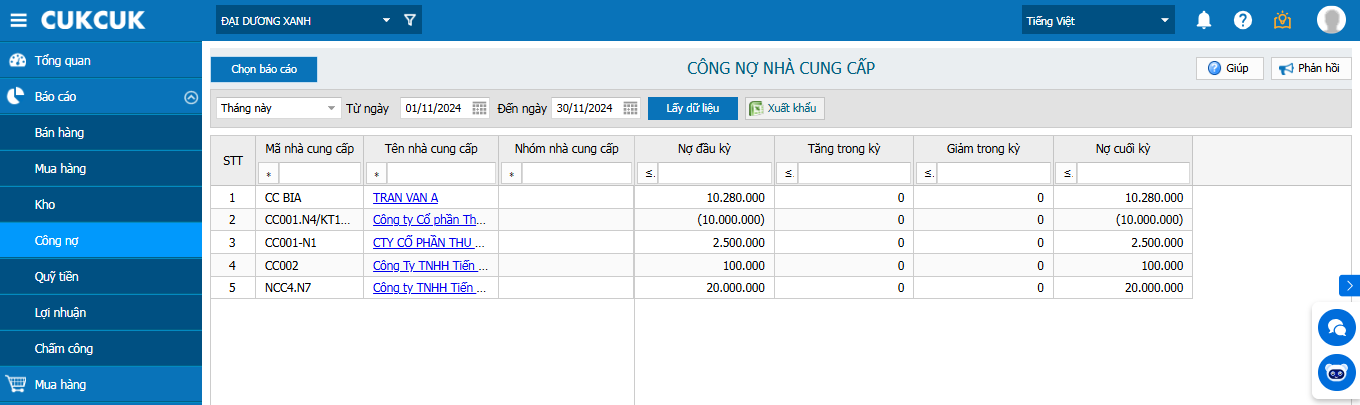 giao diện phân hệ công nợ phần mềm CukCuk