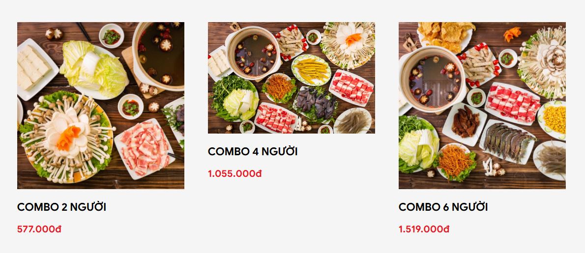 Các món theo set trong menu Lẩu nấm Gia Khánh