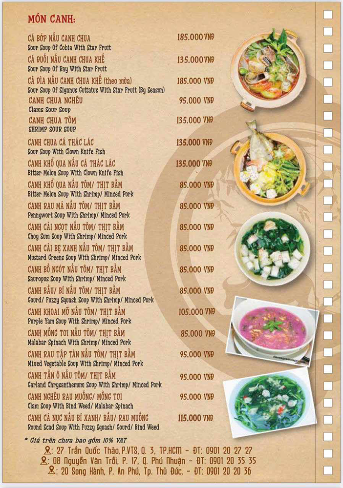 Menu các món canh